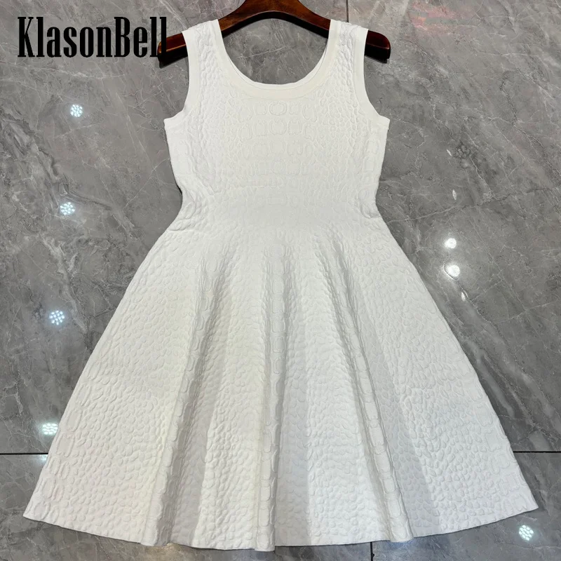 1.2 KlasonBell Fashion Solid Color Jacquard Mini Dress For Women High Quality Knit Stretch O-Neck Sleeveless Tank Dress