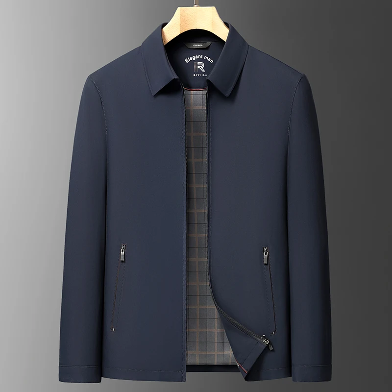 

Four Season Men Executive Jacket Navy Blue Khaki Turn Down Collar Zipper Opening Design Coat Man Business Casual Attire Workwear