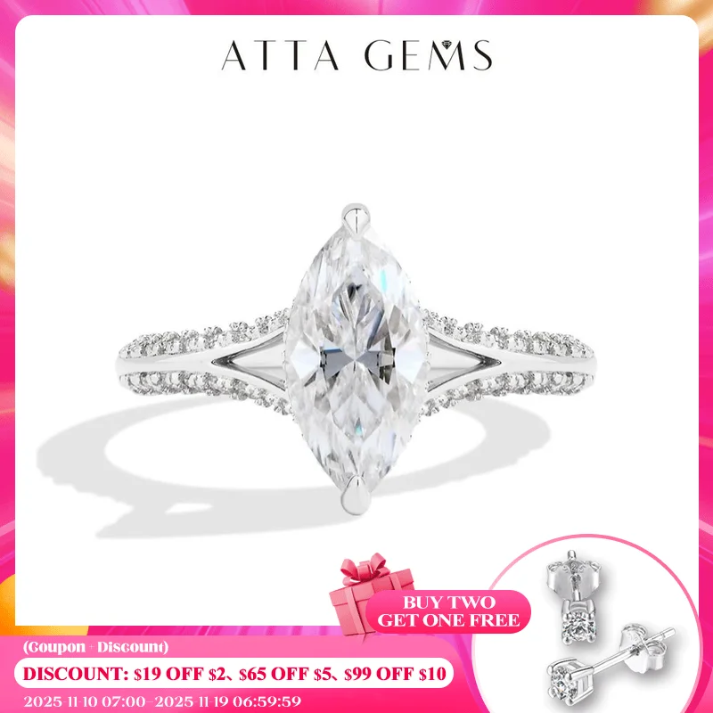 

ATTAGEMS Изысканные кольца с муассанитом 2 карата, серебро 925 пробы, позолоченное 18 карат, свадебное обручальное кольцо для женщин, роскошные ювелирные изделия