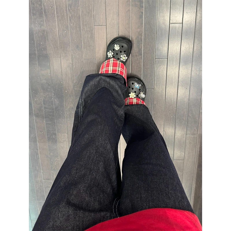 

Vintage Plaid Splicing Men's Summer American Sle Loose Floor-Length Wide Leg Jeans Youth Trendy High Waist Straight Cut