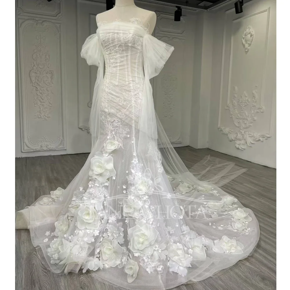 Luxury Strapless Off Shoulder Bridal Dress With Lace-Up Back 3D Embroidered Flowers Sexy Customized Wedding Dress