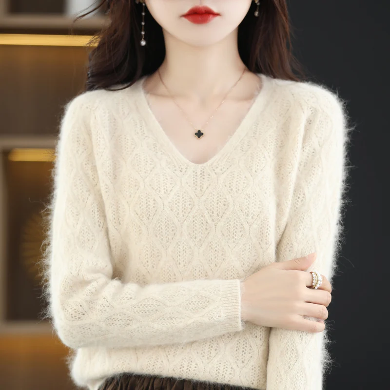 100% Mink Cashmere Women\'s Sweater Knitted Long Sleeve Pullover V-Neck Loose Underlay Soft Fashion Women\'s Top