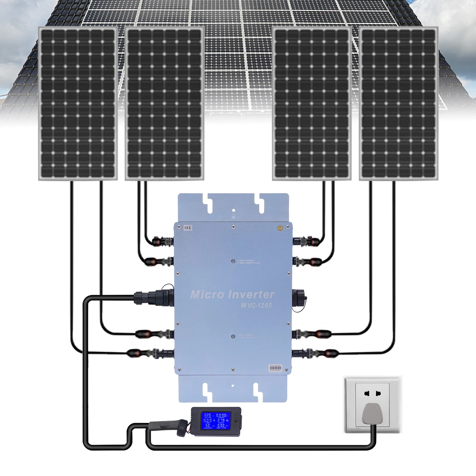 IP65 Wasserdichter Netzgekoppelter Wechselrichter WVC1200W Solar-Netz-Mikrowechselrichter LCD-Display 22-50VDC MPPT 220V für 30V/36V Solarmodule