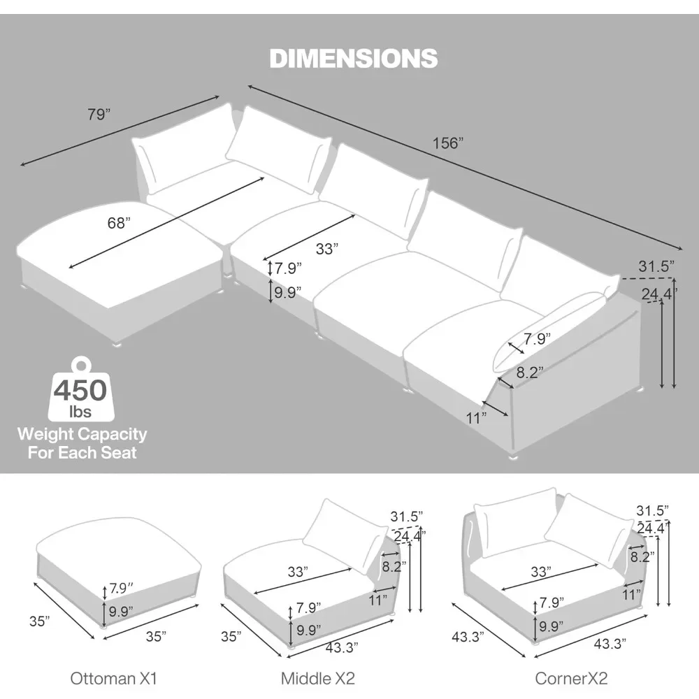 Sofa Couch, 163'' Cloud Modular Couch with Ottoman, L Shaped Convertible Couch Deep Seat Couches  5 Seater Living Room Sofas