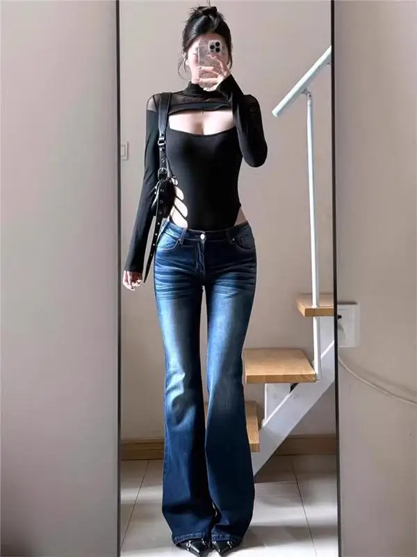 

High Waist Bell Bot Denim Jeans Women's Elastic Ankle Length Blue Jeans Slimming Stretchy Long Trousers for Tall Women