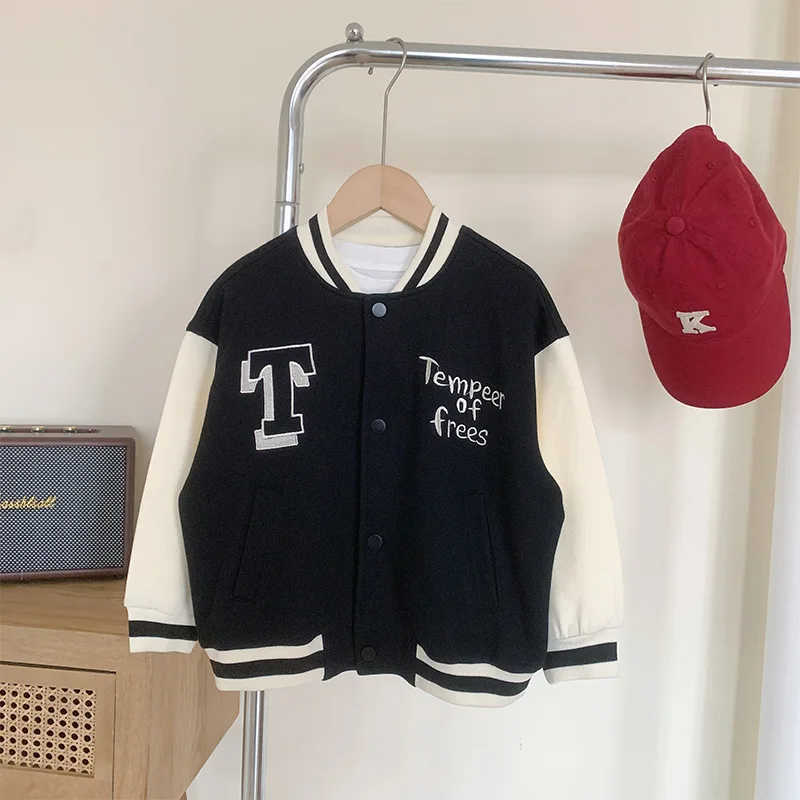 

Children Bomber Jackets Girls Letter Print Baseball Uniform Outerwear Boys streetwear Contrast Color Coats From 4 To 6 Years Old