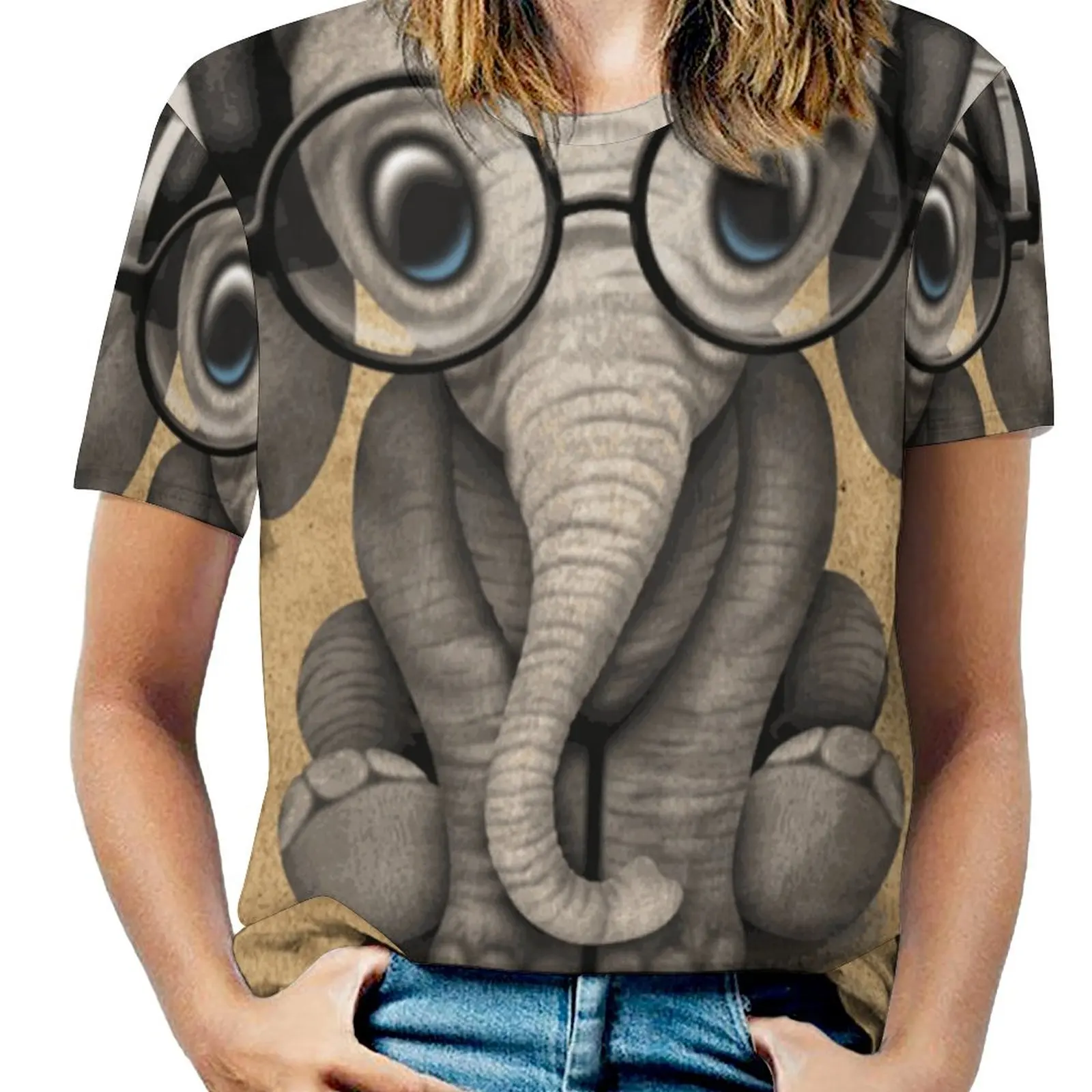 Cute Baby Elephant Dj Wearing Headphones And Glasses Woman'S T-Shirt Spring And Summer Printed T Shirts Crew Neck Pullover Top