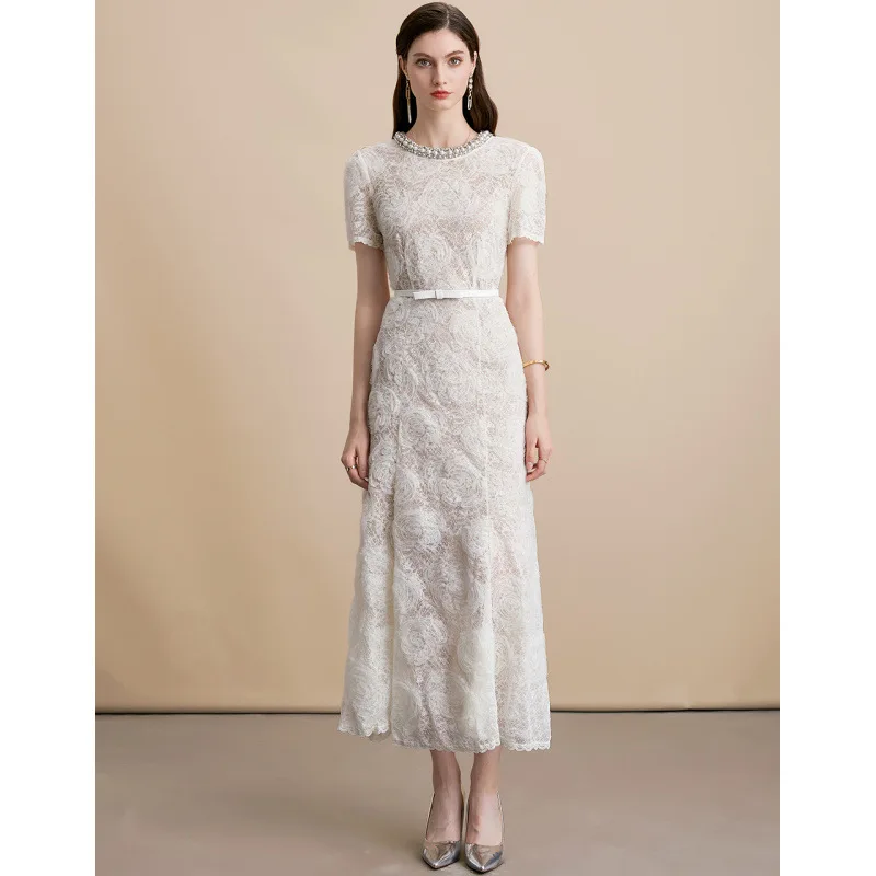 

Sweet Lace ort Sve Dr with Diamond Collar 3D Flower Embroidery Inner Wear French Sle Knitted Polyester A-Line Skirt