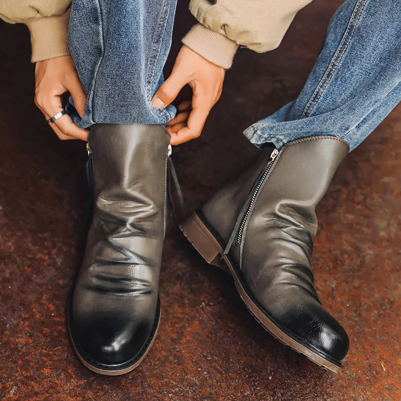 Fashion Luxury Men's Leather Chelsea Boots High-top Tassel Zip Shoes Autumn Winter Ankle Boots for Men Comfort Plus Size 38-48