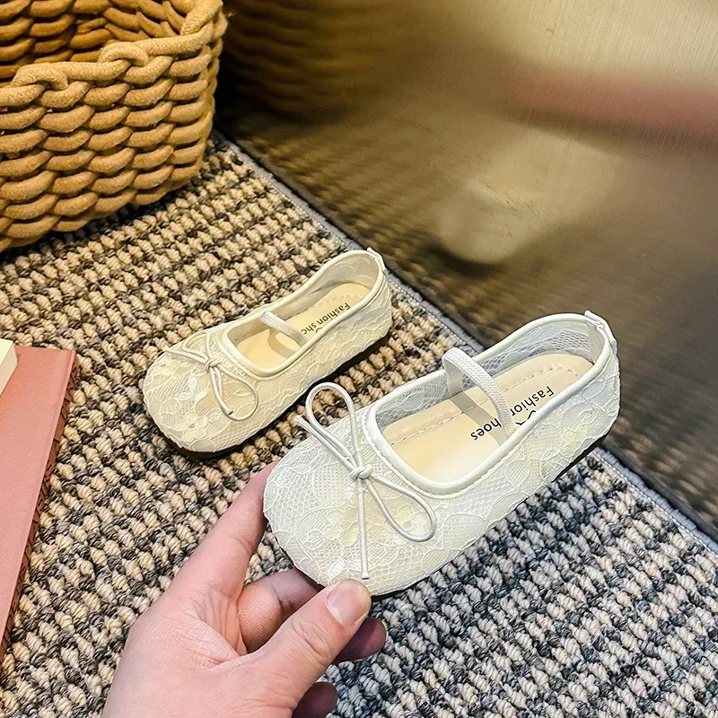 

Girls Princess Shoes Simple Bows Soild Color Slip-on Children Flat Shoes Mesh Breathable 2025 Summer New Kids Sandals Lace Cute
