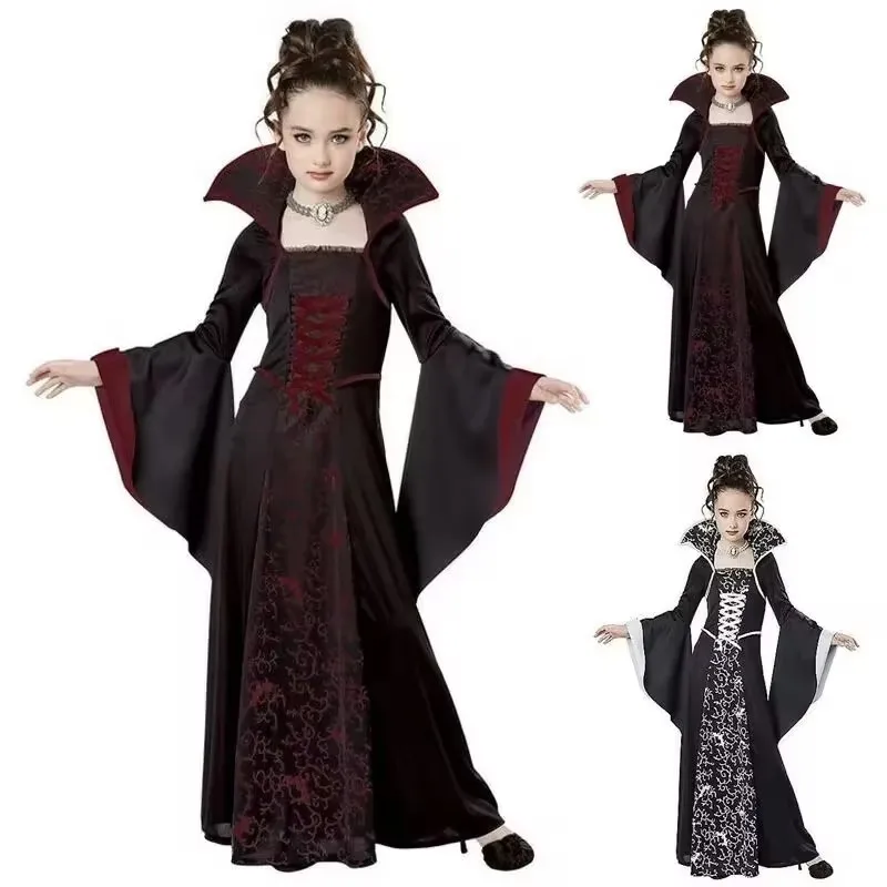 Hexenkleider Halloween Mittelalter Retro Spitze Stehkragen Mädchenkleidung Kleid Langarm Bedruckt Cosplay Mädchen das Kleid