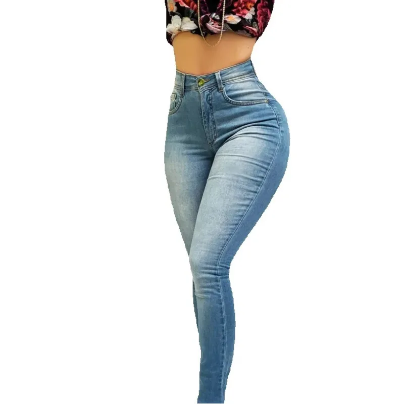 

JY Tight blue women's denim pants street retro high waisted denim pants imitating old denim fashion slim fit high elasticity