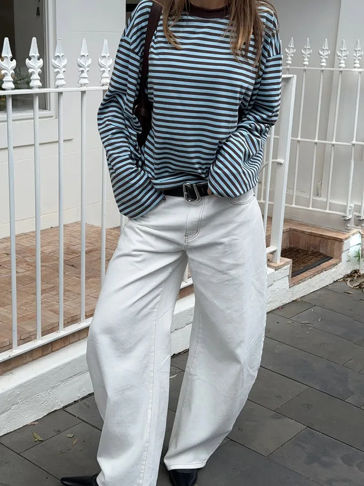 T-shirt ample à rayures pour femmes, col rond, manches longues, couleur contrastée, Patchwork, haut décontracté, Streetwear, automne 2025, 2025