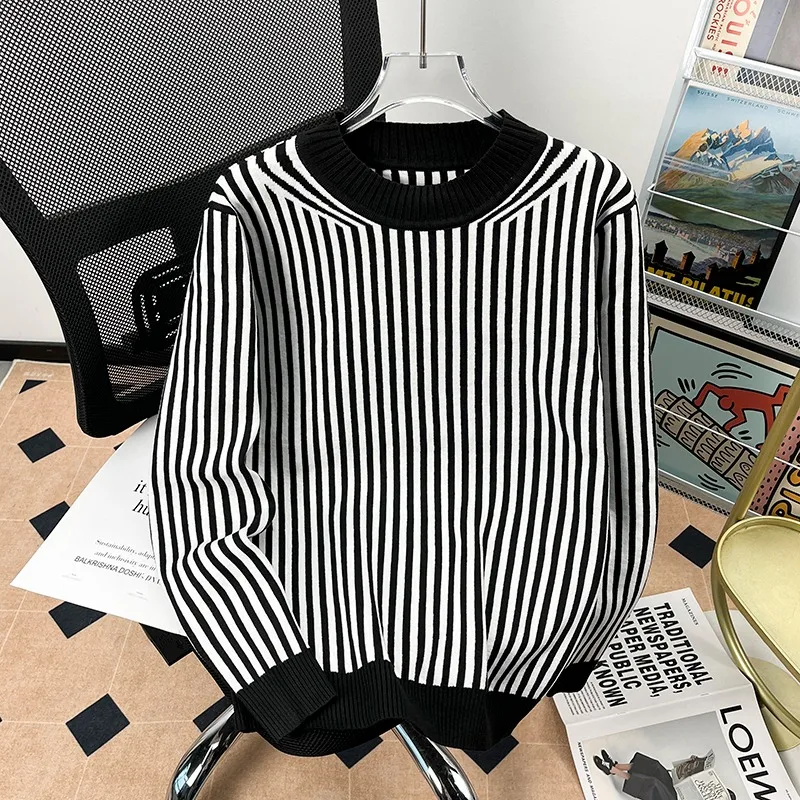 

Мужской вязаный свитер Slim Fit на осень-зиму, имитация двухслойности, в полоску, с имитацией внутренней рубашки, базовый слой, большие размеры, 250 Pou