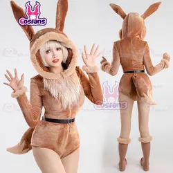 Sexy Bunny Girl Lingerie Bodysuit Plush Fluffy Hooded Deep V Romper& Socks with Belt and Tail Vaporeon Cosplay Flannel Jumpsuit
