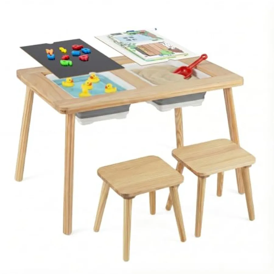 

Sensory table and chair set for sand water play wooden construction natural wood color includes double-sided blackboard 2 stora