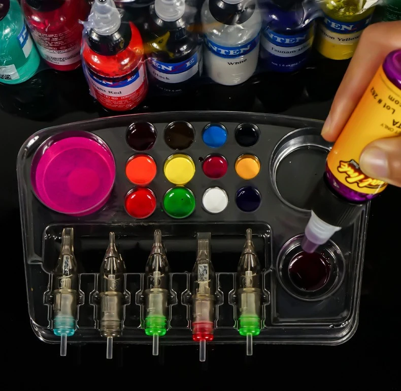 12pc Disposable Tattoo Pigment Trays Pigment Racks Multifunctional Integrated Needle Storage Box Brackets PVC 15 Holes 5 Needles