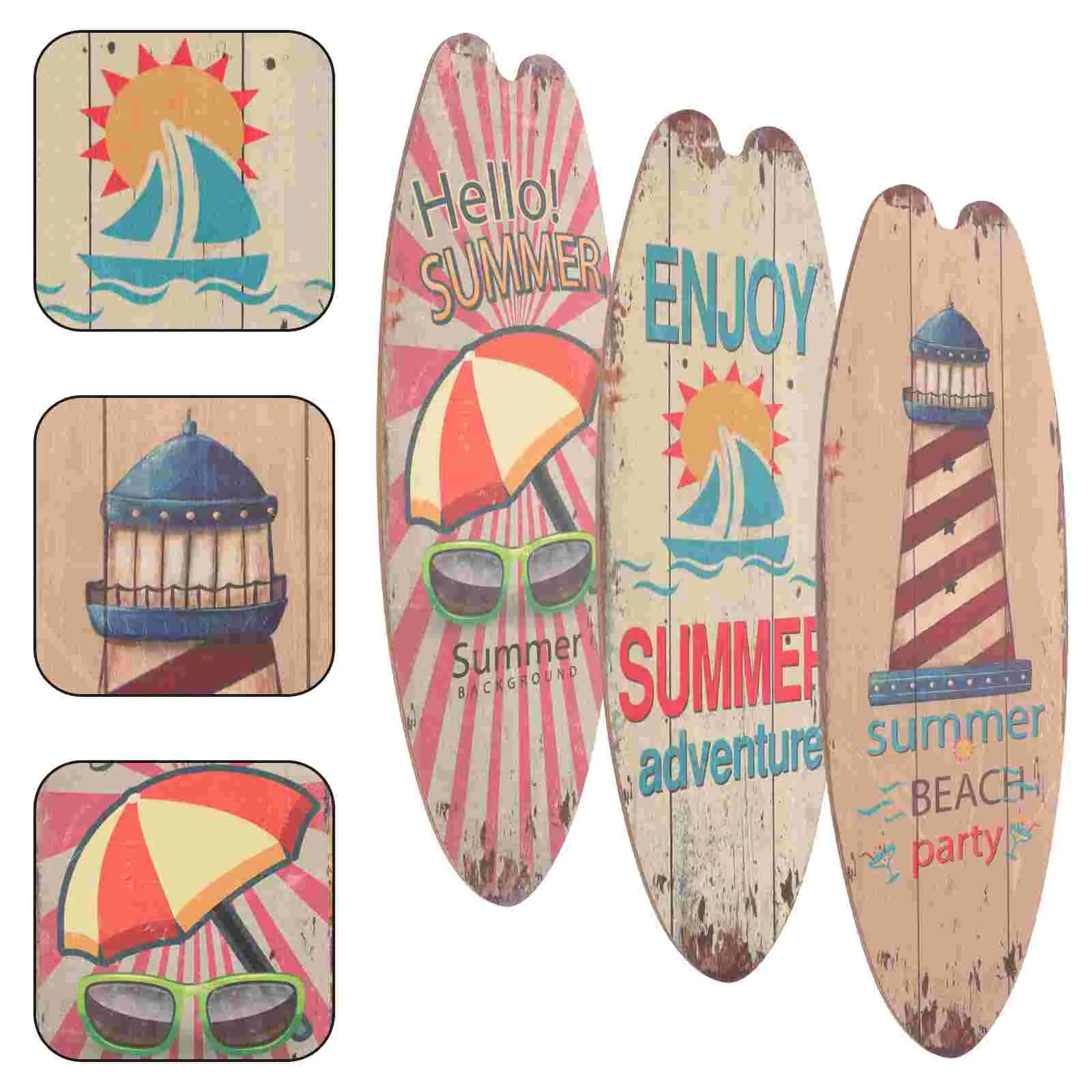 3 Pcs Beach Decoration Wall Surfboard Hanging Marine Style Ornament Wooden Sign Signs Home Adornment