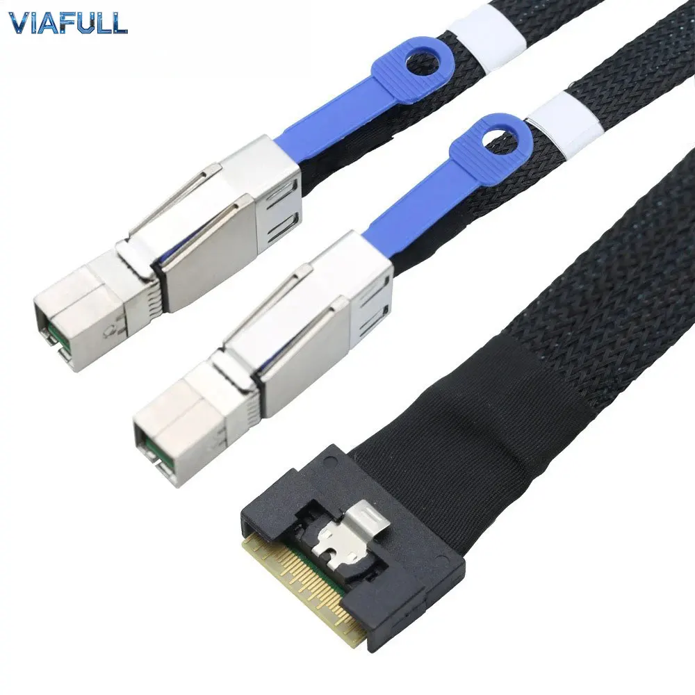 SlimSAS SFF-8654 8i Full-Cover Anti-Slant to 2x SFF-8644 Cable, PCIe 4.0 Server External Breakout Harness, 32AWG 100Ohm Copper