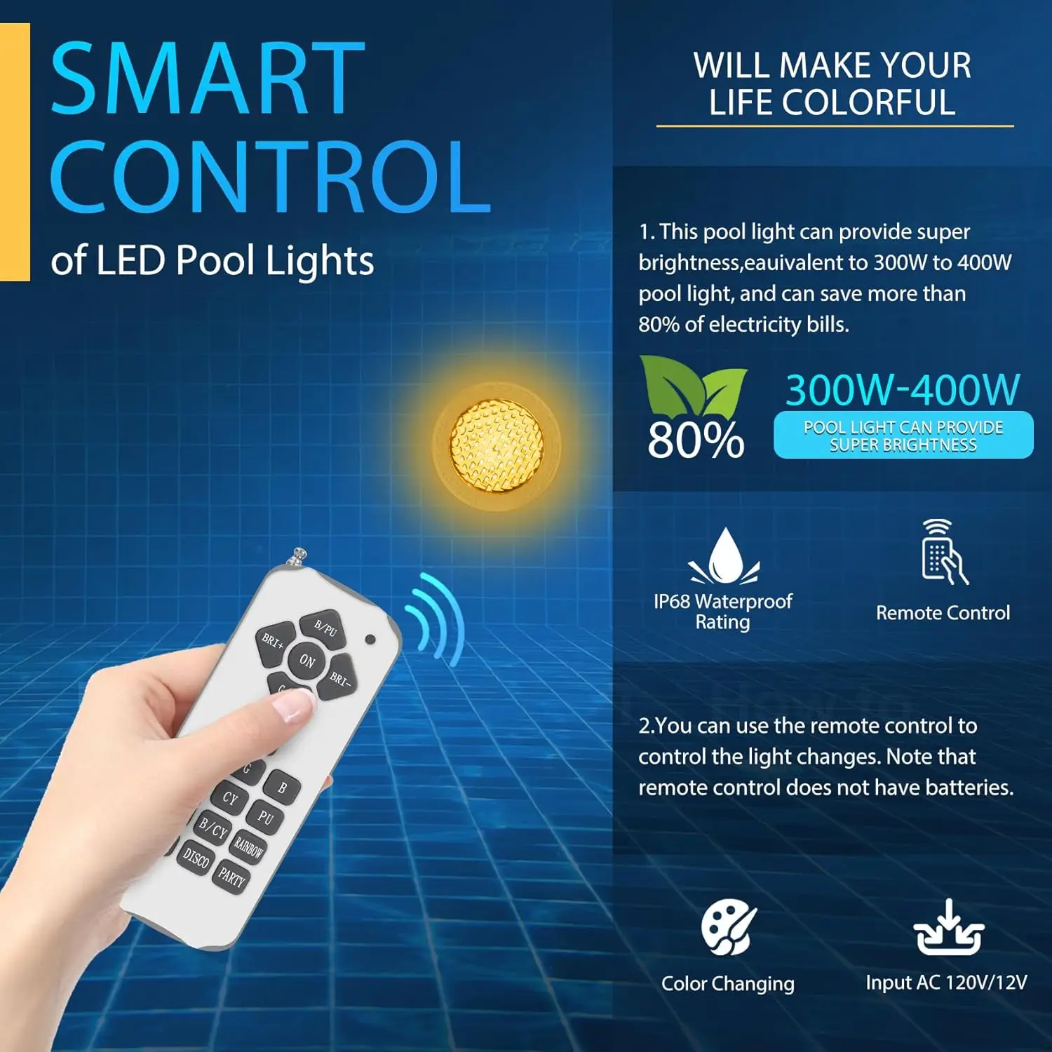 SH101100 10インチプールライト、埋め込みプール用、DC12V LEDプールライト、100フィートコード付き