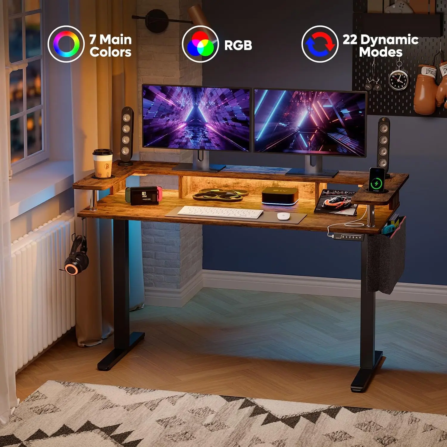 Bestier LED Electric Standing Desk Adjustable Height, 58x26 Inch Large Sit Stand Desk with Monitor Stand, Ergonomic Rising Desk