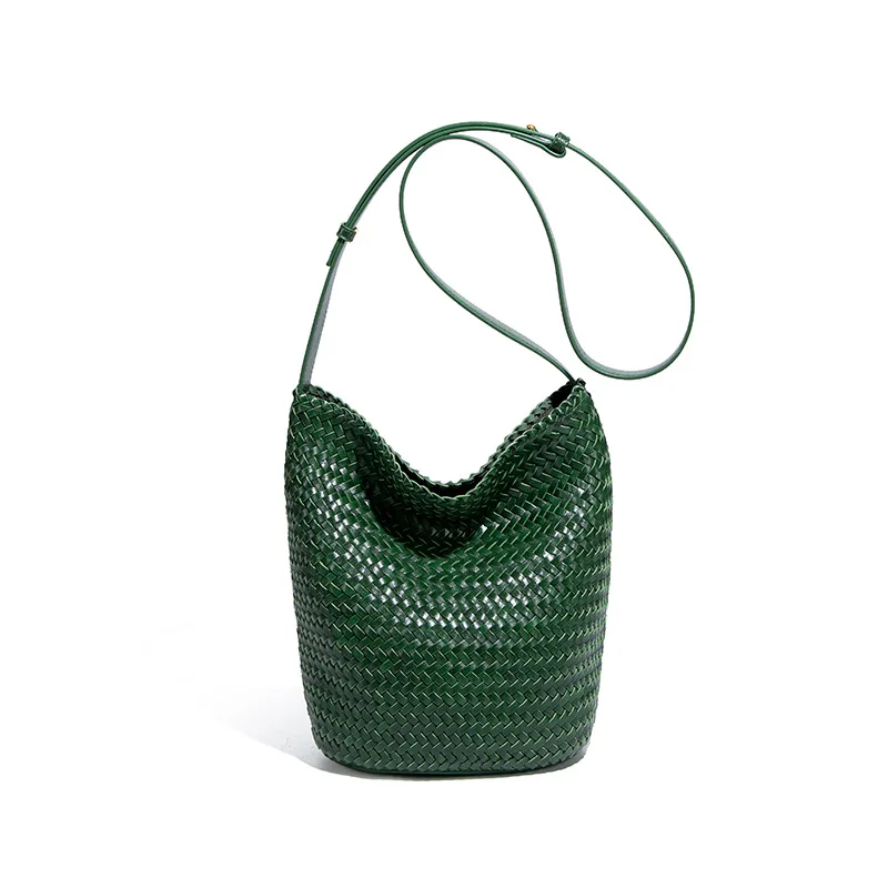 French niche retro soft leather hanging woven bag 2025 early autumn new handmade woven bag vegetable basket tote bag