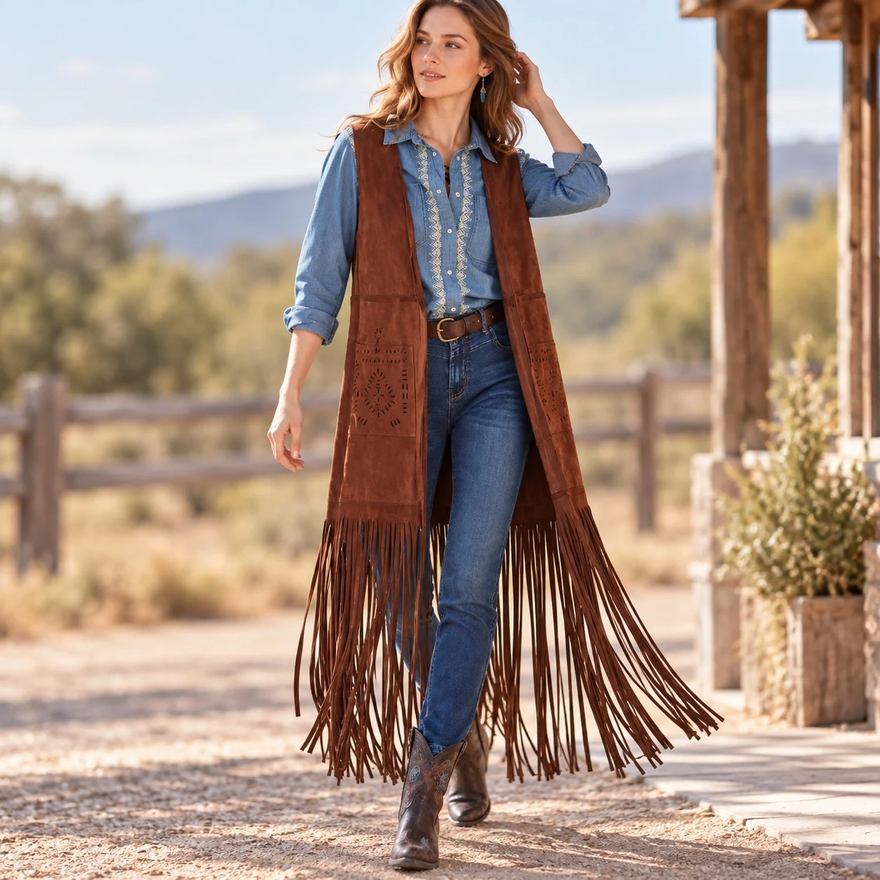 Collarless Loose Fit Coat Mid Long Length American and European Style with Tassel Detail Tie Closure Casual Spring Women Vest