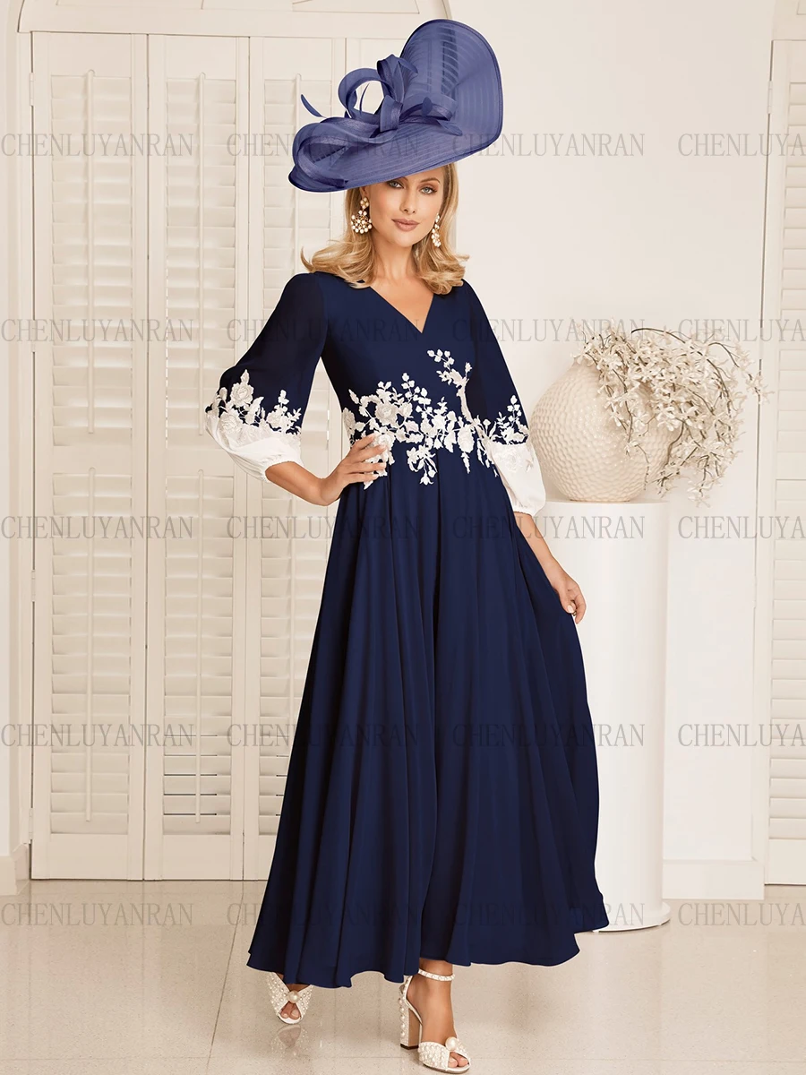 

Navy Blue Mother of the Bride Dresses 2023 Applique Chiffon Wedding Guest Gowns 3/4 Sleeves A-Line Dress Women For Wedding Party