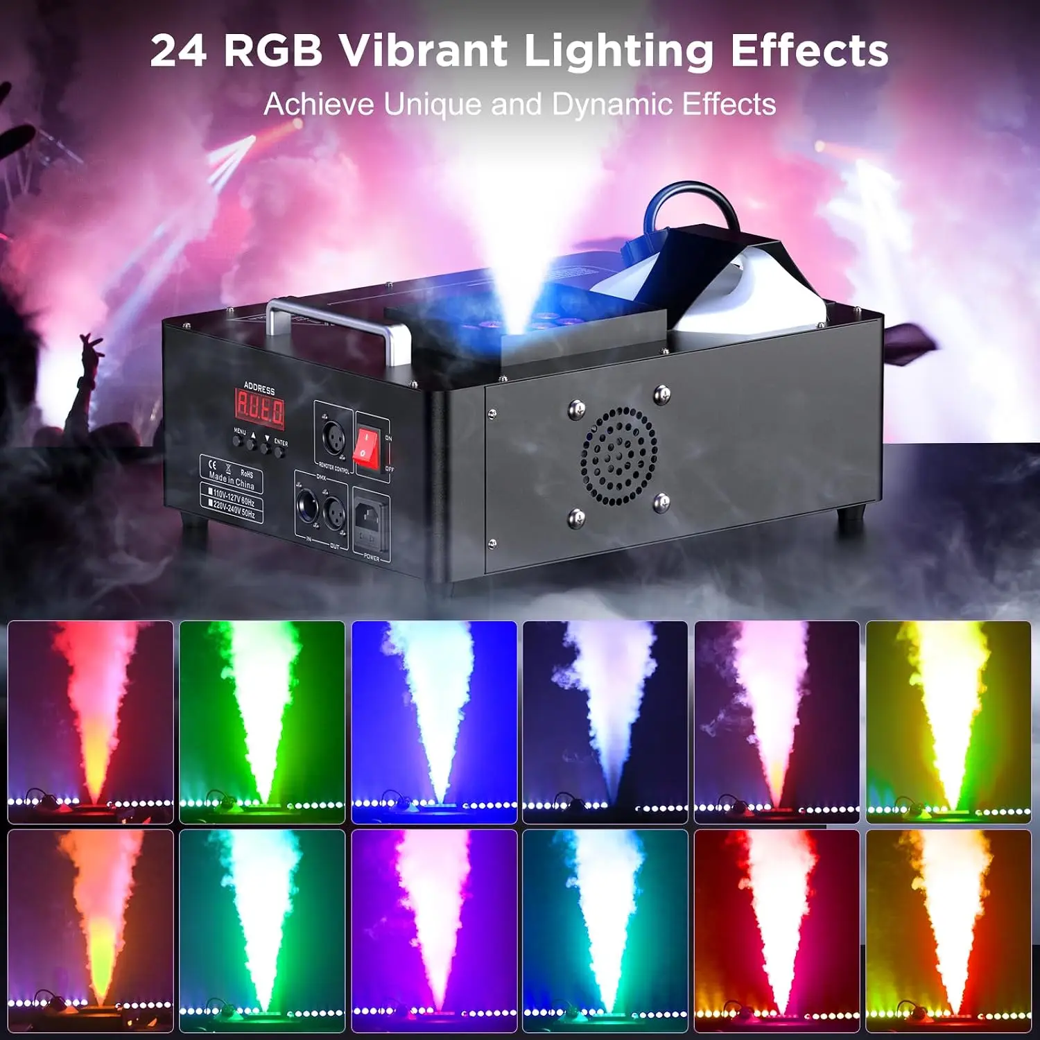 1500W Fog Machine Lights 24 RGB LED Stage Smoke Device Vertical Halloween Smoke Maker DMX Wireless Manual Control 2.5 Liters 200