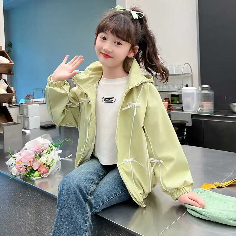 4-12 Years Girls Clothes Jackets Spring Autumn Teen Kids 3D Bow Design Zipper Hooded Coats Tops Children Clothing Windbreaker