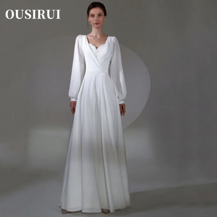 

OUSIRUI Wedding Dresses Beach Lace Sweetheart Floor Length Bridal Gowns Elegant A Line Chiffon Puff Long Sleeves Robe de mariage