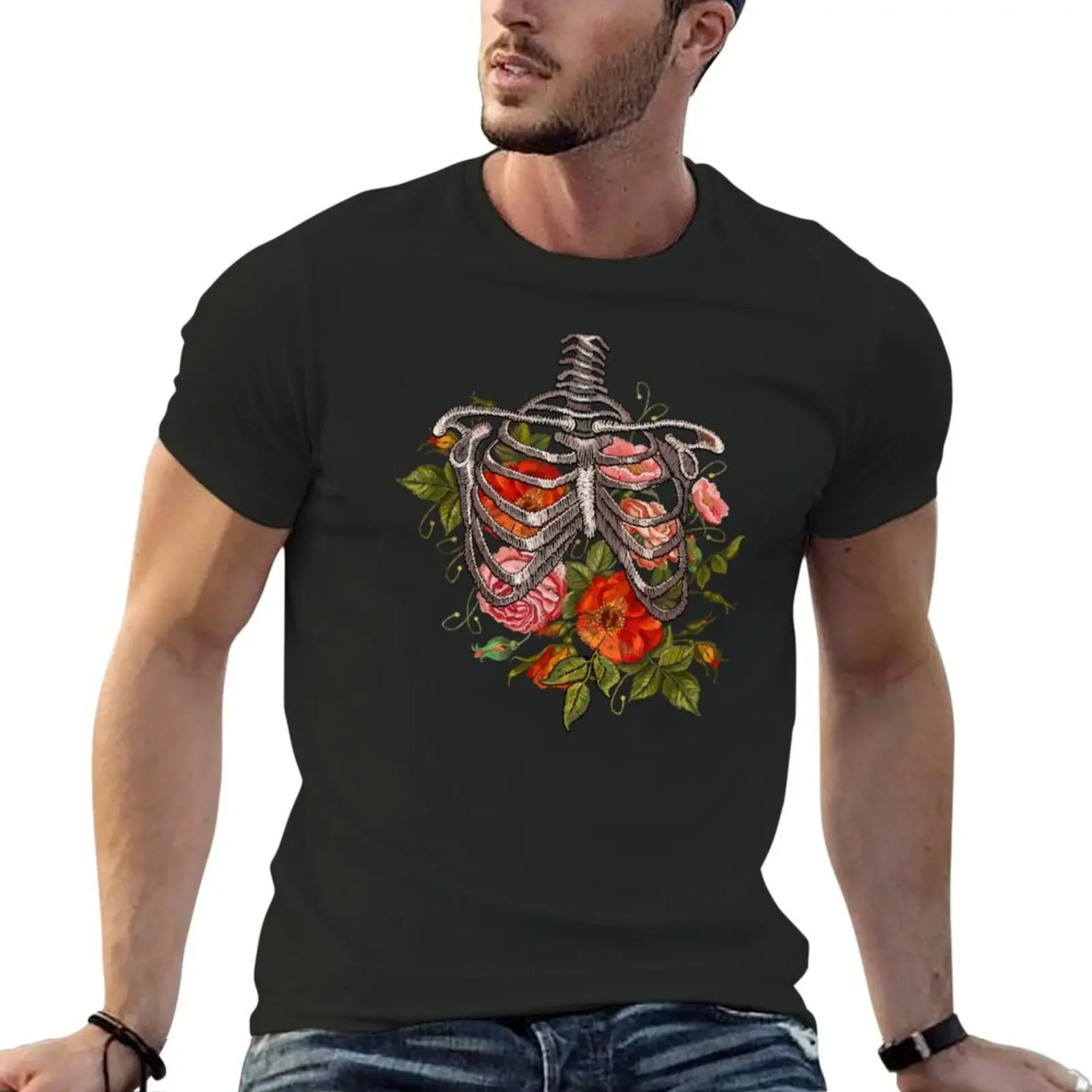 Human rib cage with red roses T-Shirt quick drying custom shirt customs design your own blanks Men's t shirts