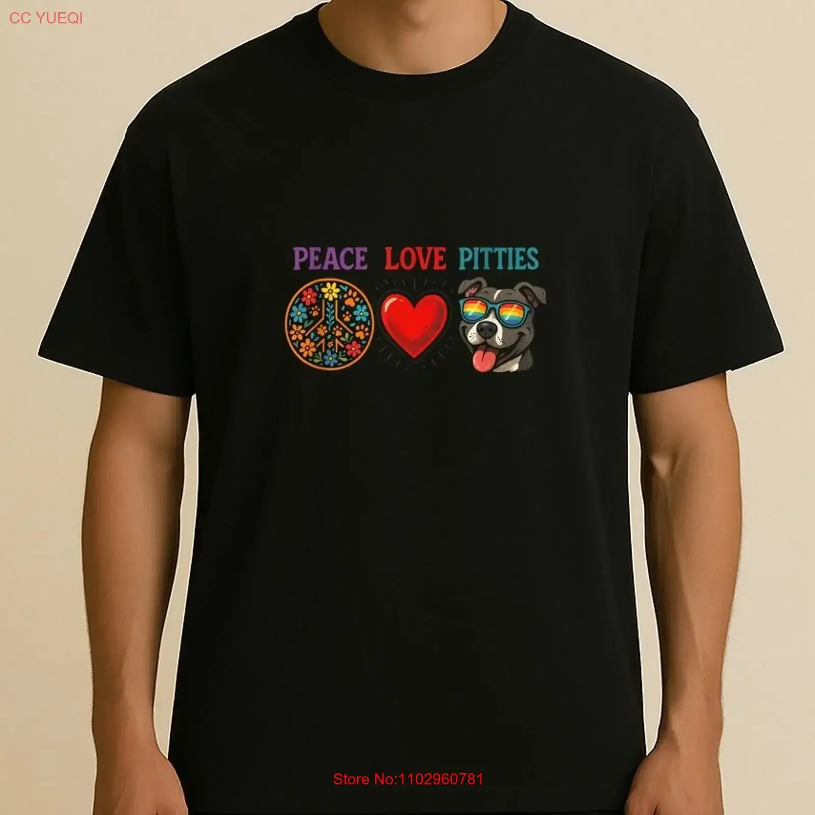 Camiseta vintage com estampa de cachorrinho engraçado e charmoso Peace Love Pitties, unissex, macia, confortável, versátil e respirável.