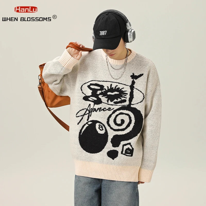 American Fashion Jacquard Sweater For Men Women Casual Y2k Long Sleeve Knit Pullover Autumn Winter Warm Sweatshirt Tops Unisex