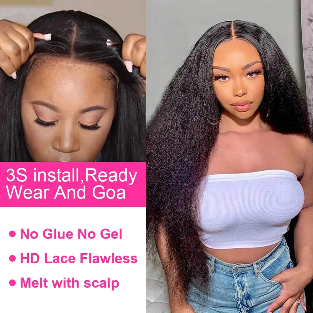 Wholesale Kinky Straight Glueless Wig Ready To Wear And Go 13x4 Hd Yaki Straight Lace Front Human Hair Wigs For Women 180%