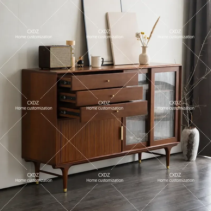 Nordic Retro Solid Wood Dining Side Cabinet Simple Bucket Storage Unit Medieval Walnut Color Entrance Hallway Cupboard All