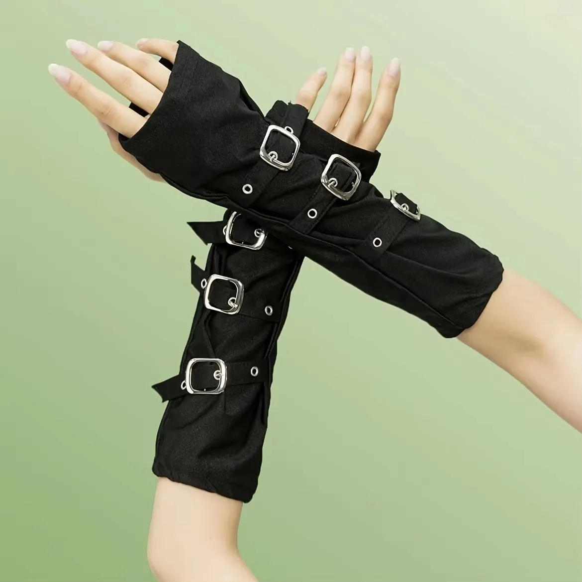 Hebilla de metal punk oscuro de moda europea y americana con guantes de dedo expuesto, mangas con botones de fiesta, accesorios para disfraces de Halloween