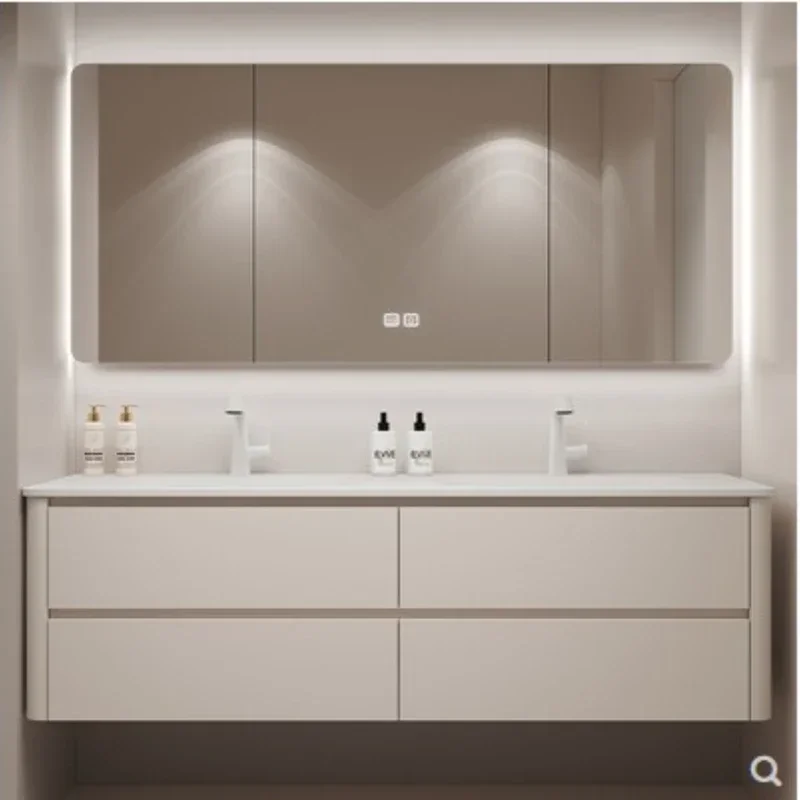 

Бесшовная керамическая цельная раковина, дубовый шкаф для ванной комнаты, комбинированный шкаф для умывальника для лица, светлая роскошная ванная комната из массива дерева