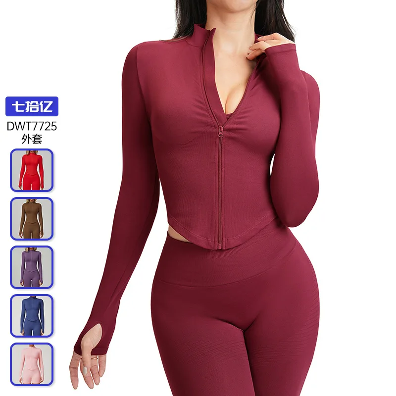 

Stand-up collar, zipper, long-sleeved red yoga jacket, women's tight quick-drying yoga suit, outdoor fitness black sports top