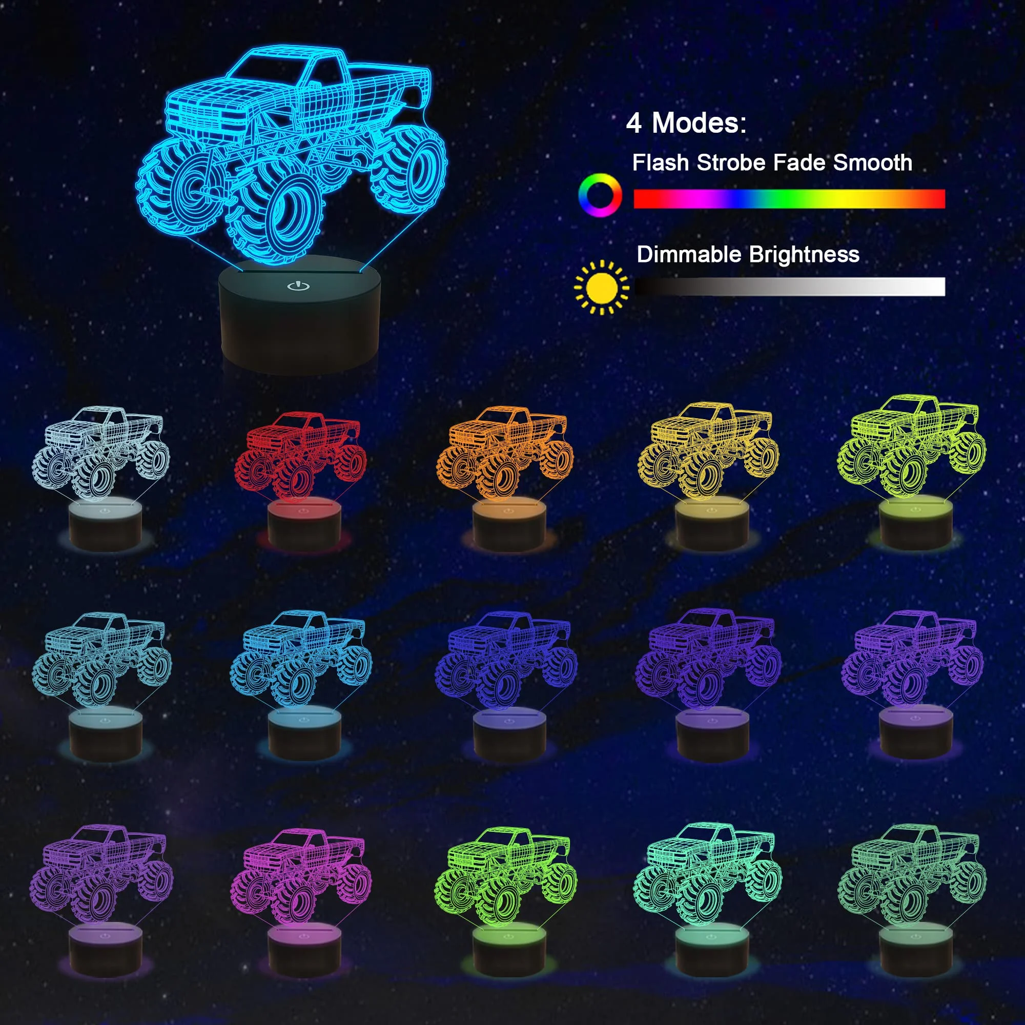 3D Night Light Monster Trucks LED Lamp for Kids 16 Colors Changing Car Shape Acrylic Lighting Bedroom Decor Birthday Xmas Gift