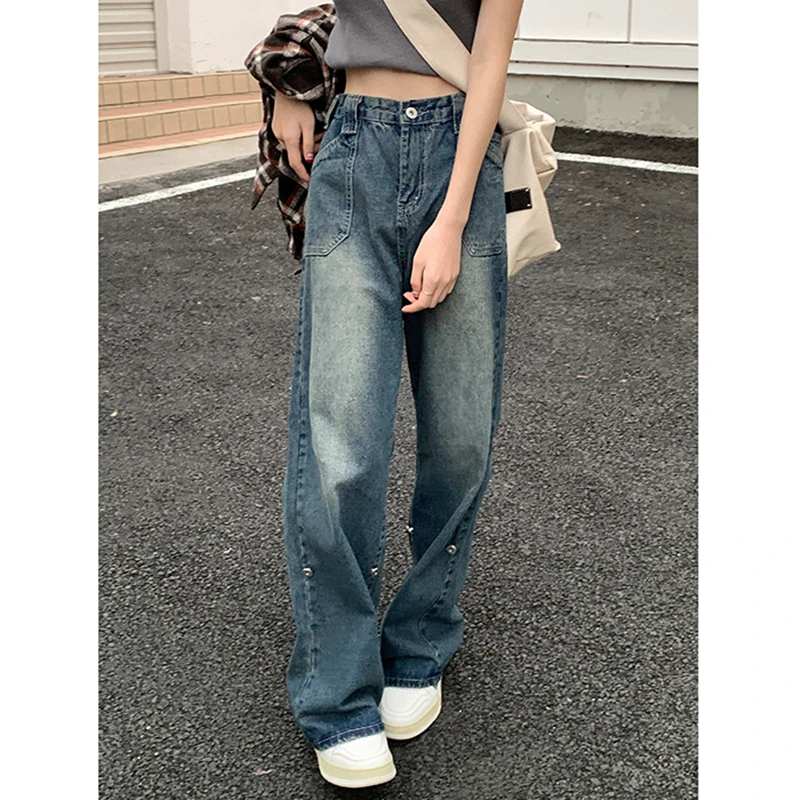 Blue Women\'s Straight Jeans High Waist American Style Streetwear Vintage Pants Chic Design Casual Ladies Denim Wide Leg Trouser