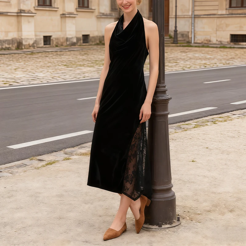 여성 패션 드레스 홀터넥 비대칭 밑단 레이스 패치워크 부드러운 벨벳 미디 드레스 우아한 이브닝 데이트 의상 트라피자란