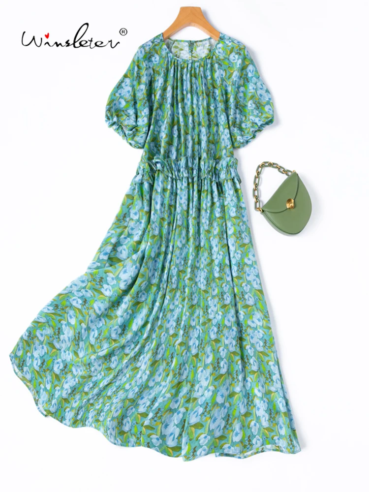 

Winsleter-Women 100%Real Silk Elegant Dress, Short Sleeve O Neck Print, French Commute Ruffles Dresses, 2025 Summer New D55763CC