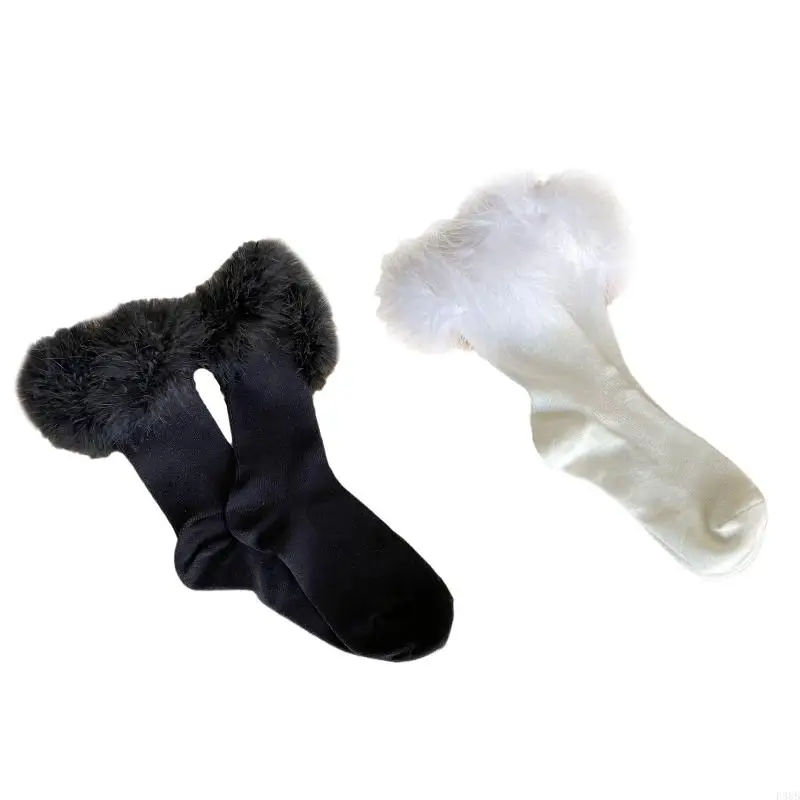 

P88B Women Ribbed Cotton Calf Socks Sweet Furry Stockings