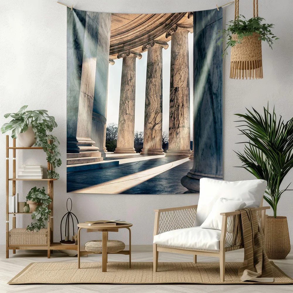 Ancient Greek Temple Columns Sunlight Ray Architecture Tapestry Machine Washable All Season DecorHome Enhance spatial aesthetics