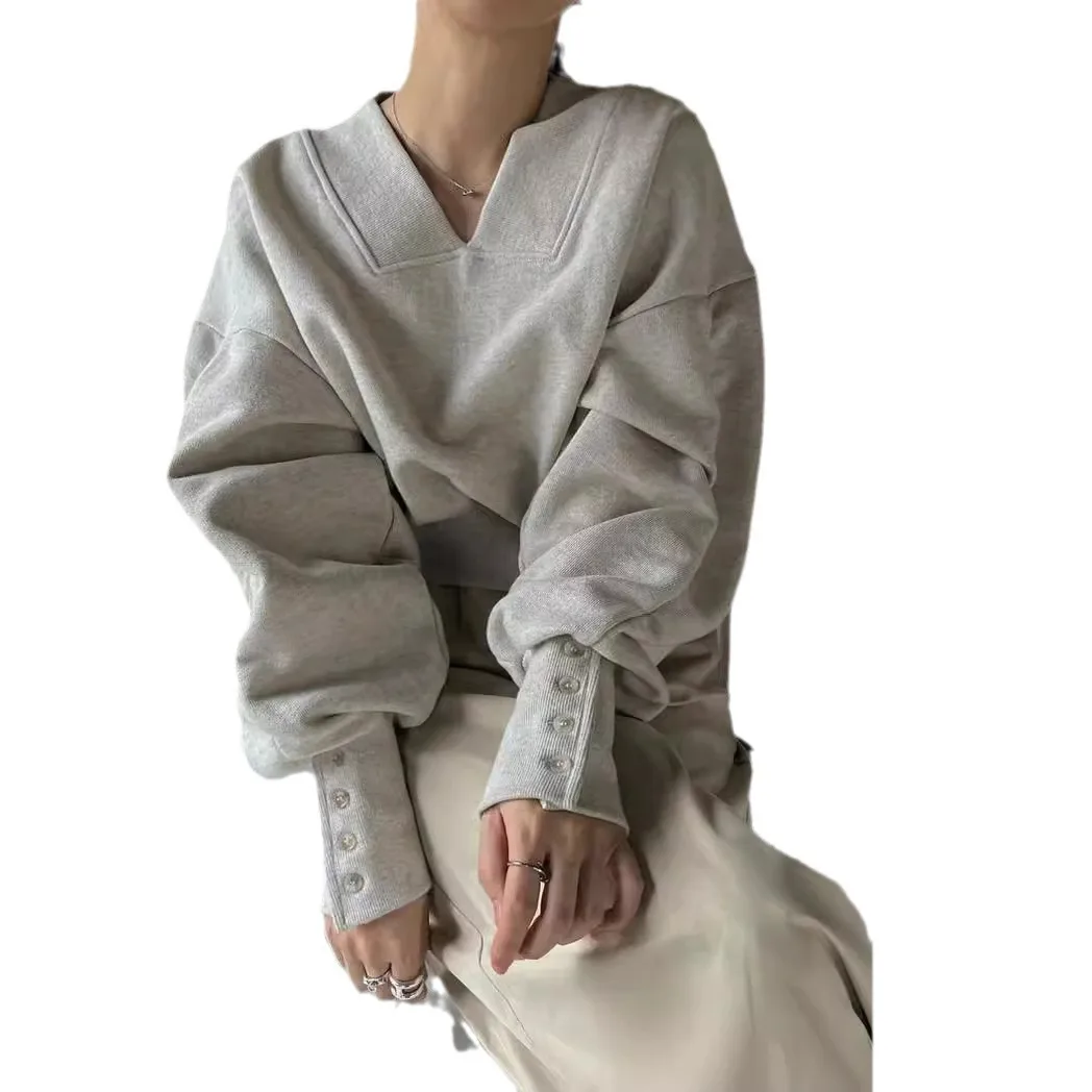 Women Pullover Sweatshirts Coats Solid Jackets Lantern Sleeves V Neck Loose Fit Slight Strech Office Lady Casual 2025 Autumn