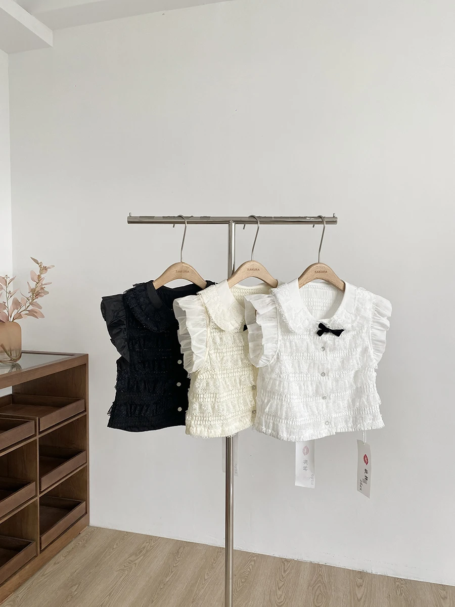 

Women's Summer Sweet Ruffles Shoulder Peter Pan Collar Sleeveless Short Shirt Lady Solid Color Single Breasted Lace Cute Shirt