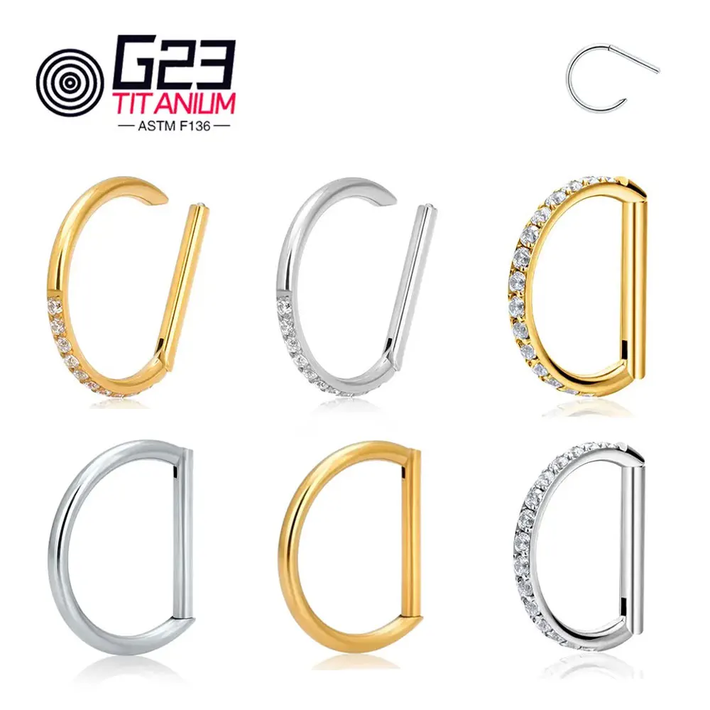 1PCS F136 Titanium D Shape Nose Ring 5A Zircon 16G Clicker Cartilage Tragus Piercing Body Jewelry Earring For Party