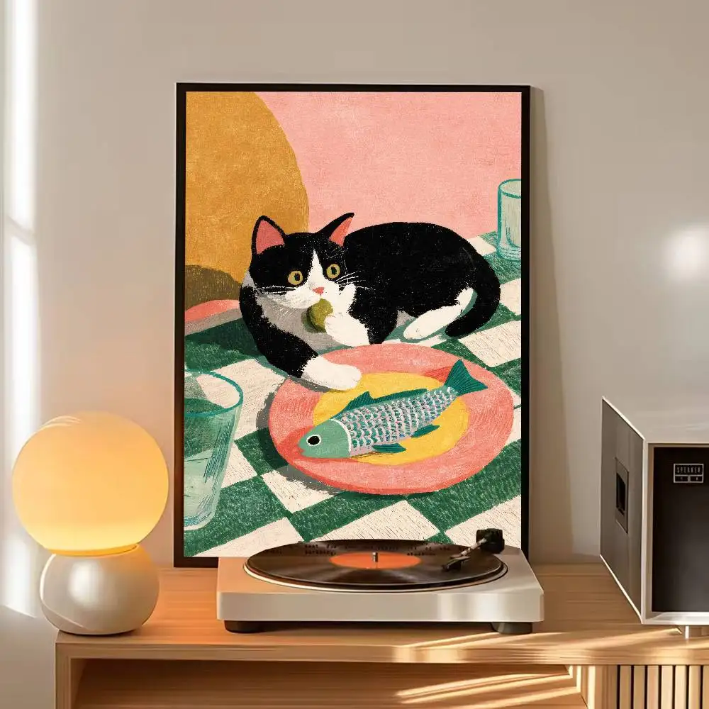 Cute Tuxedo Cat With Fish Plate Art Poster, Retro Pastel Illustration Wall Print, Funny Kitten Dining Scene Home Room Decor