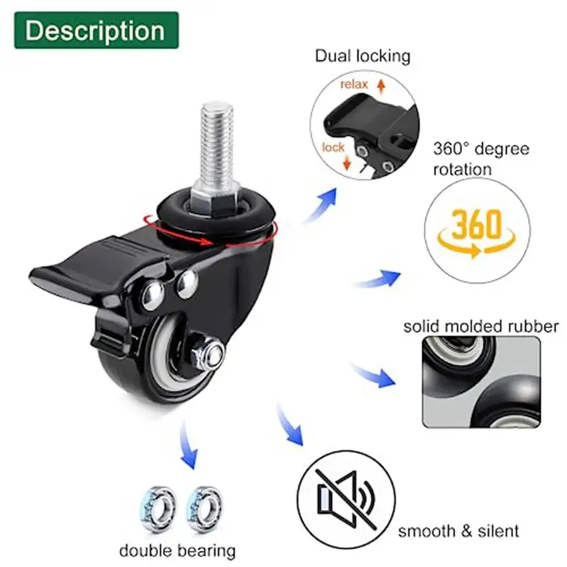 A56K Casters Wheels, Casters Set of 4 Heavy Duty - Threaded Stem Mount (5/16in) Swivel Casters with Brake, for Cart Furniture